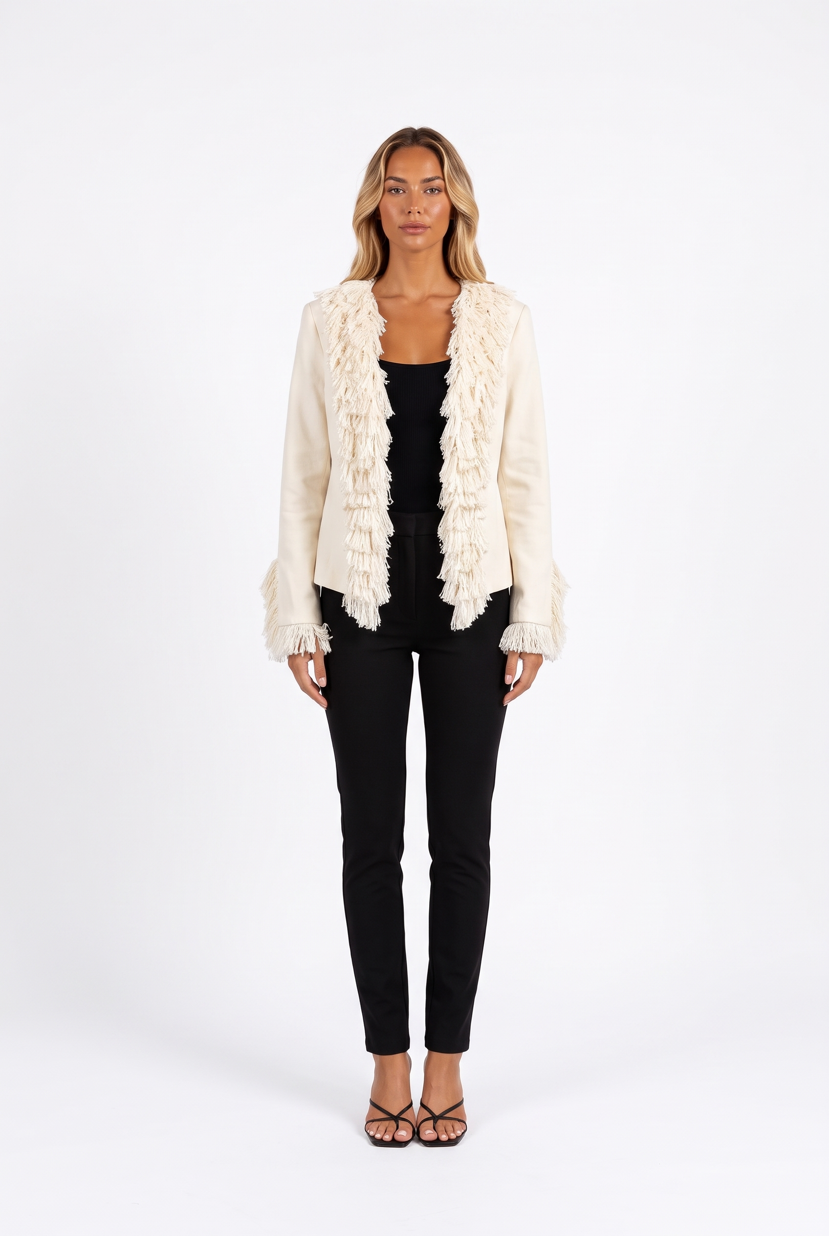 Cream open-front fringe-trim cropped jacket — front