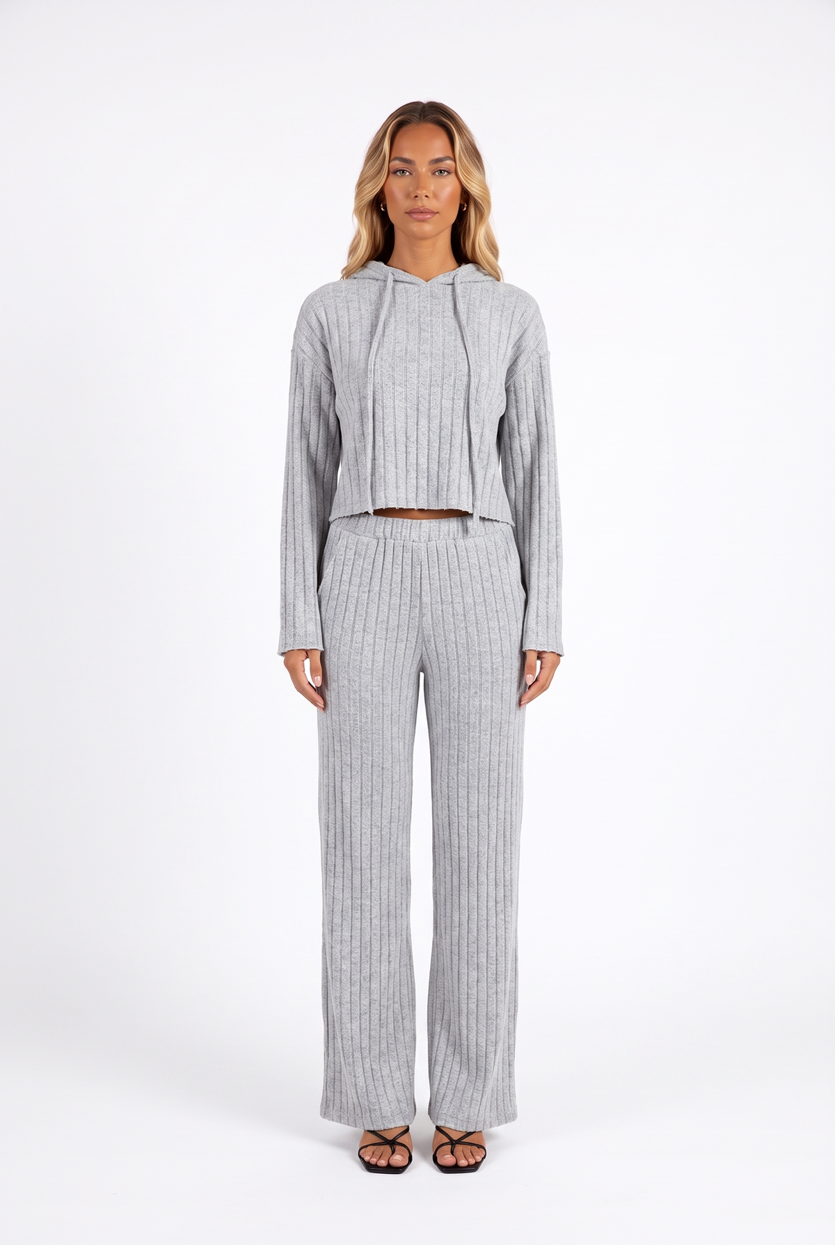 Heather grey rib-knit cropped hoodie and wide-leg trouser set — front