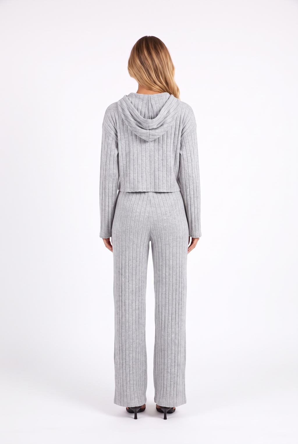 Heather grey rib-knit cropped hoodie and wide-leg trouser set — back