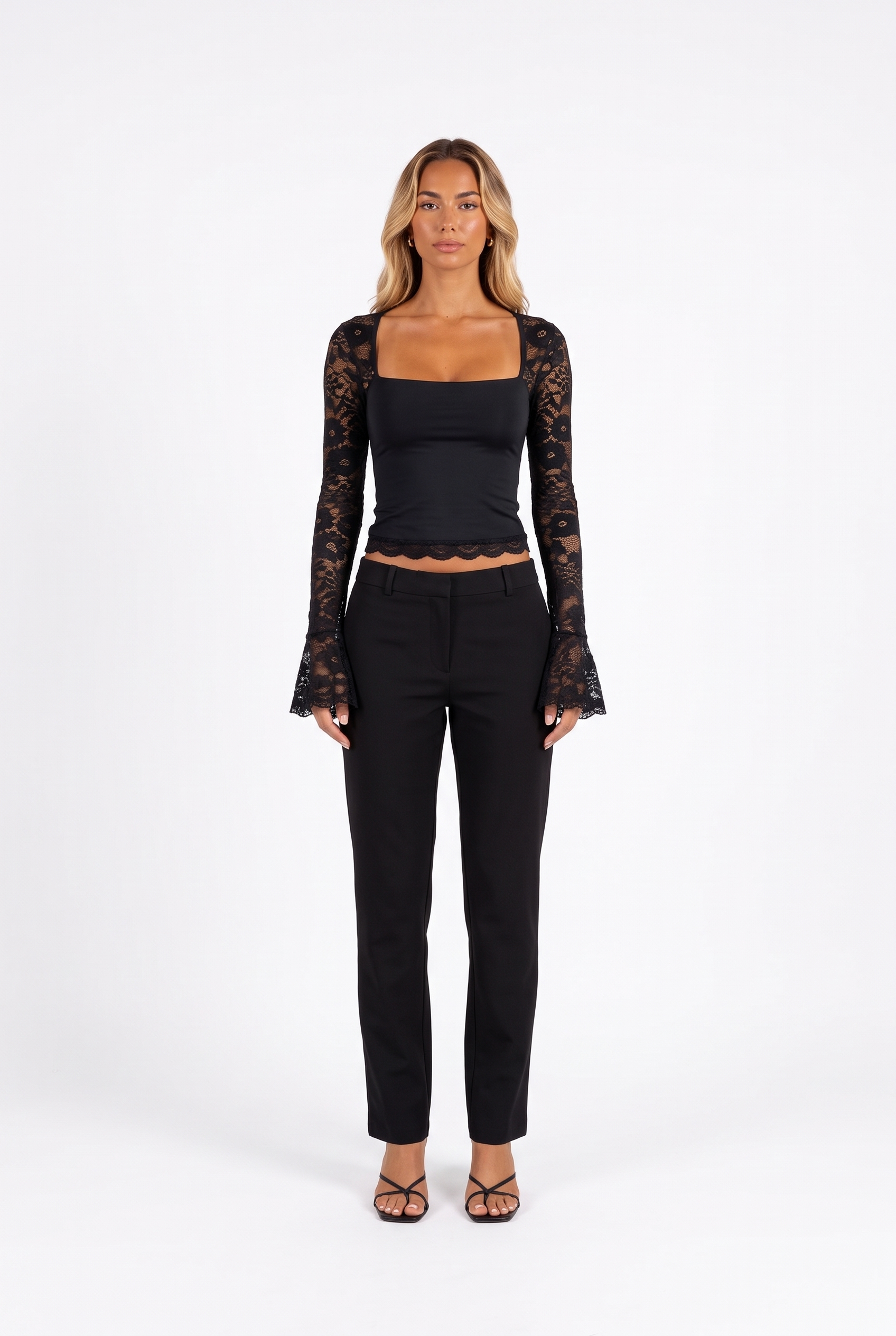 Black square-neck lace-sleeve cropped top — front