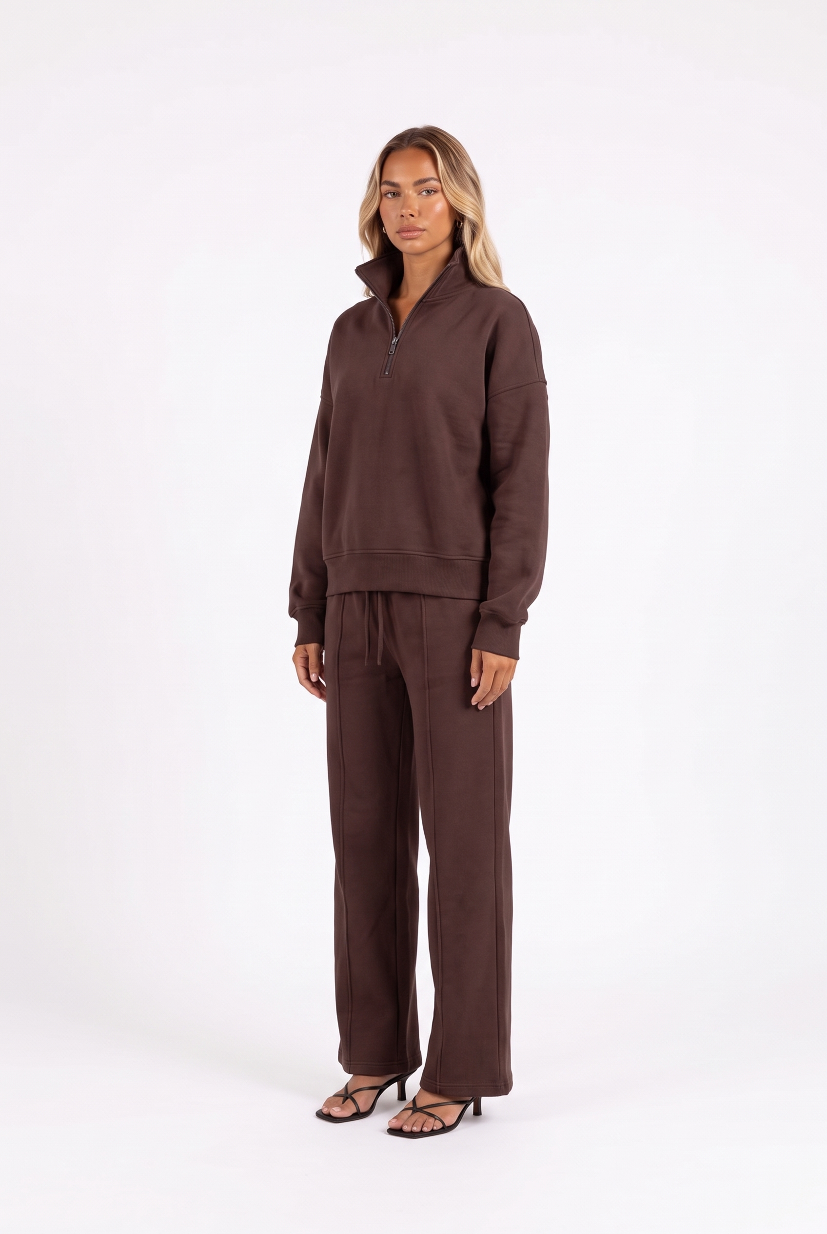 Coffee brown quarter-zip sweatshirt and wide-leg sweatpant set — three-quarter