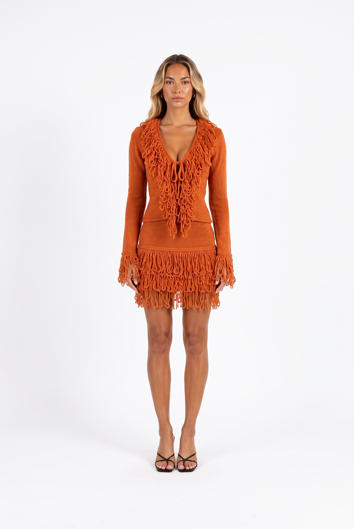 Burnt orange fringe-trim knit top and mini skirt set — front