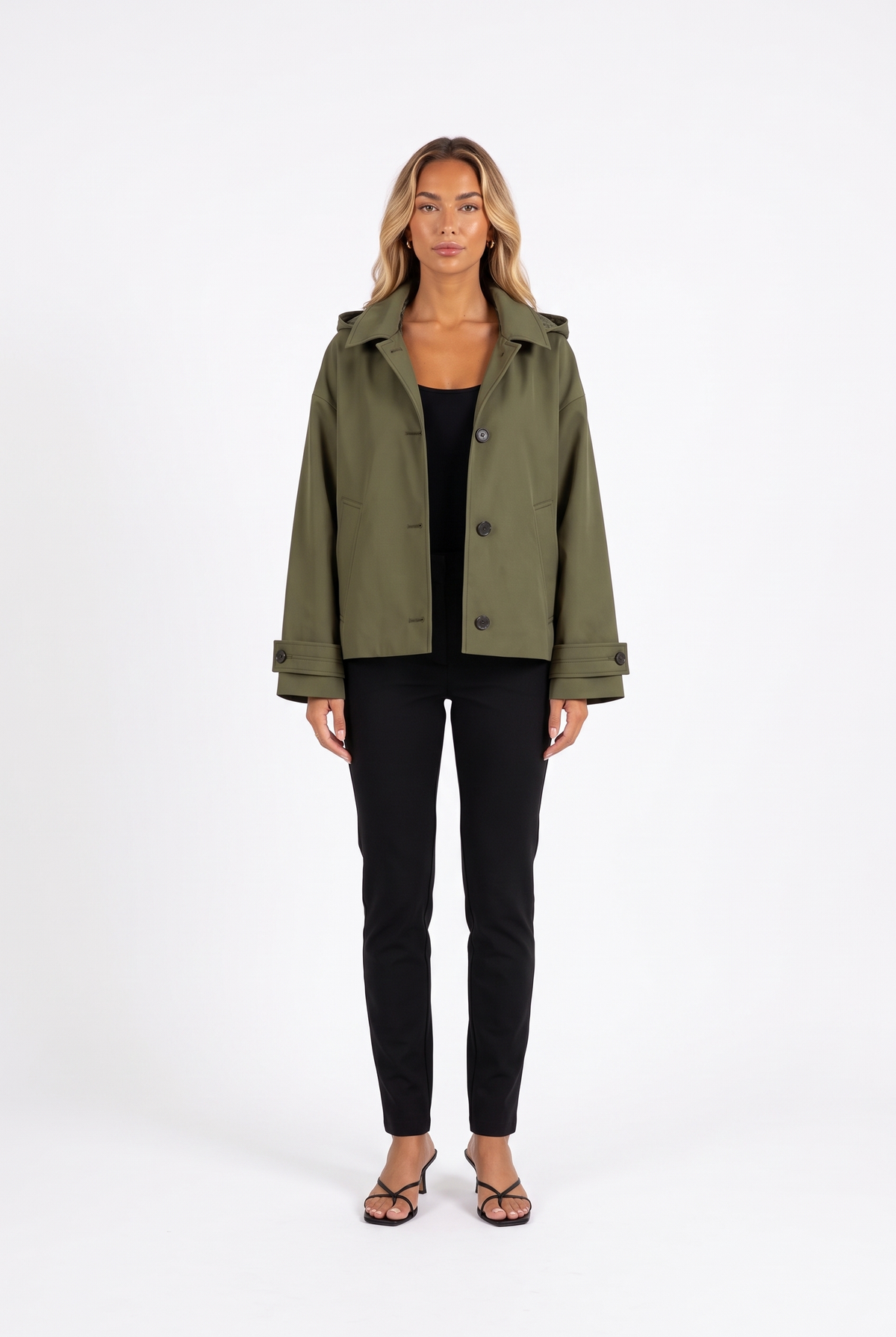 Army green oversized hooded cotton-twill jacket — front