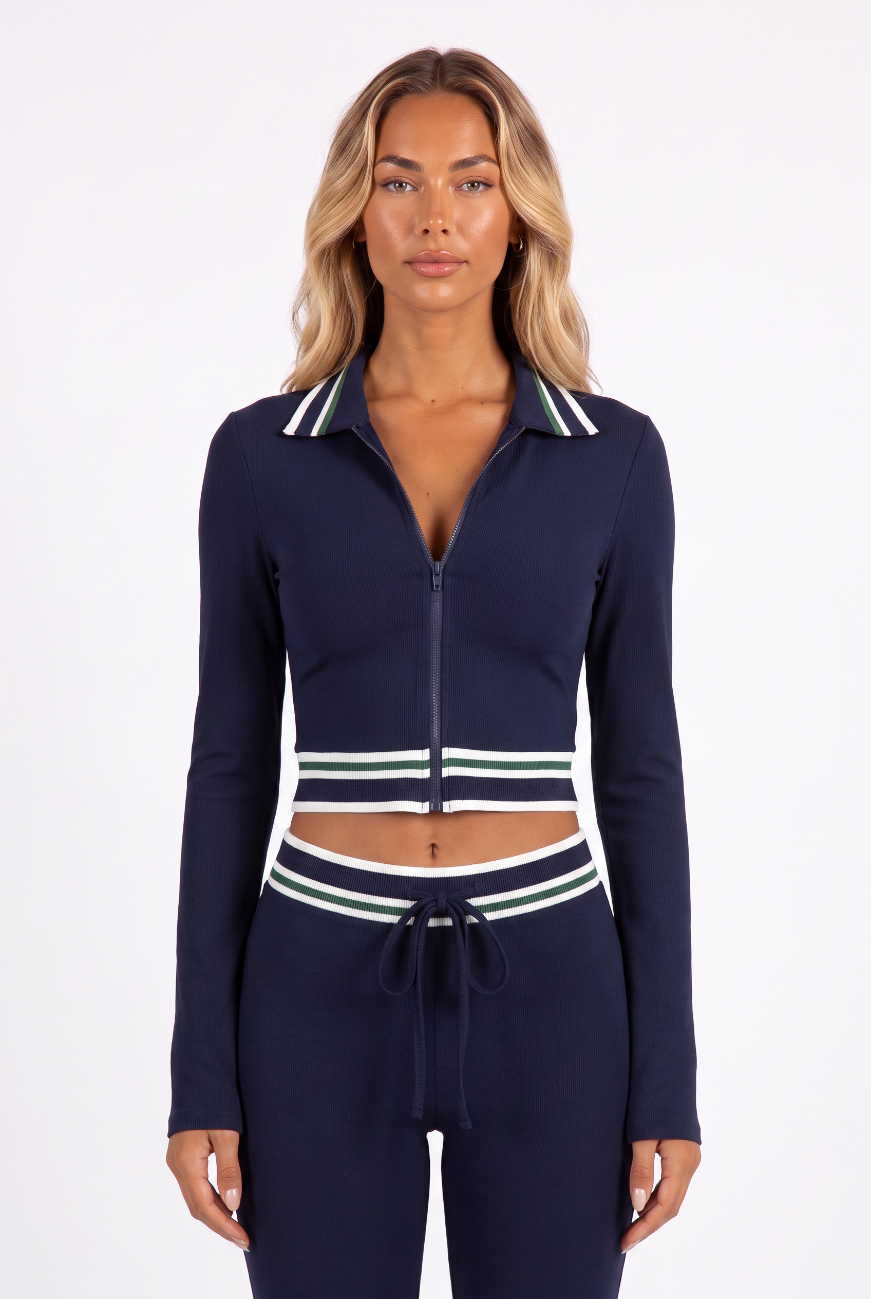 Navy striped-trim zip crop top and flared trouser set — collar, zip and waistband detail