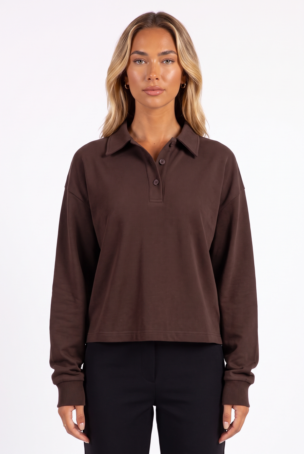 Brown long-sleeve cropped polo top — collar and placket detail