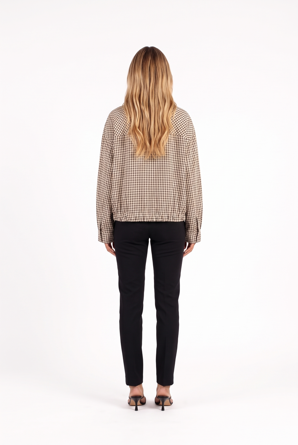 Brown gingham stand-collar cropped shacket — back
