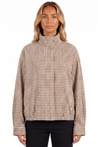 Brown gingham stand-collar cropped shacket — collar and placket detail
