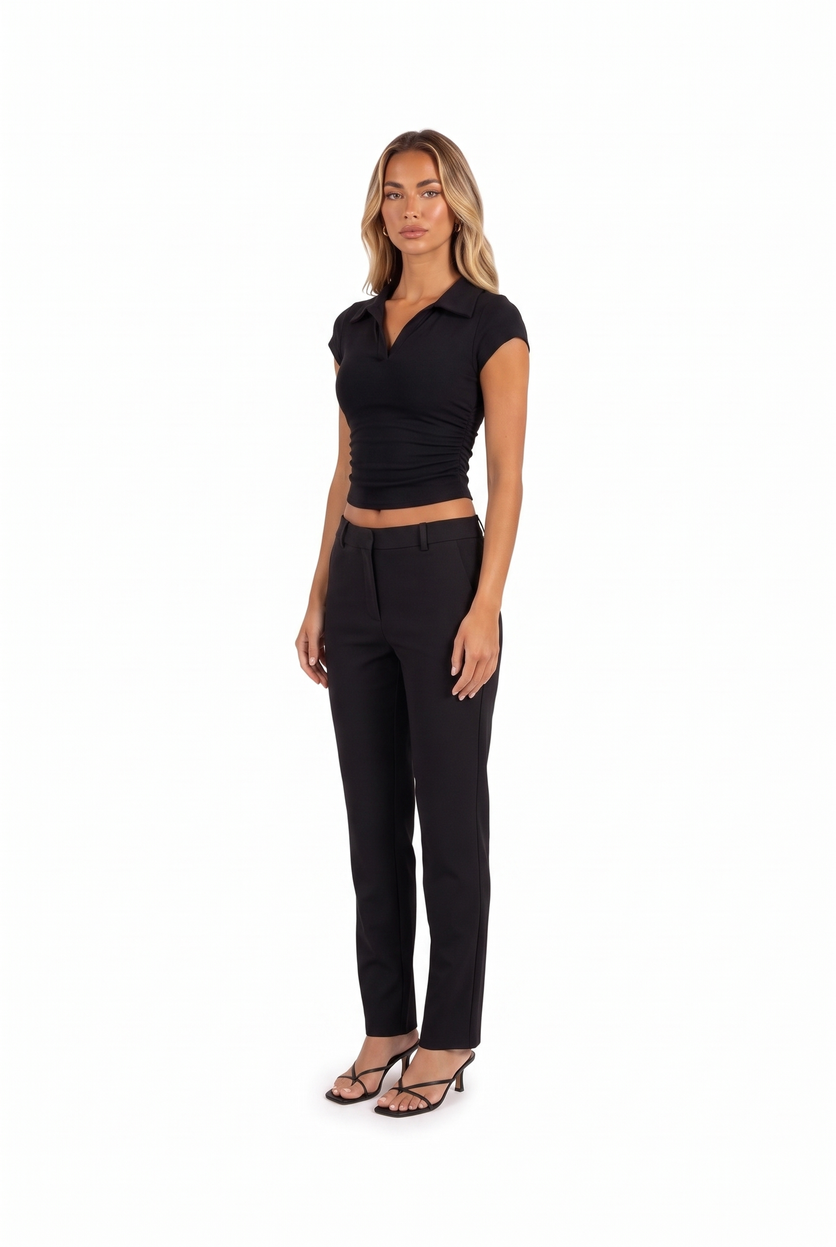 Black polo-collar ruched crop top — three-quarter