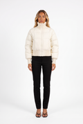 Ivory cropped puffer jacket with ribbed funnel collar — front