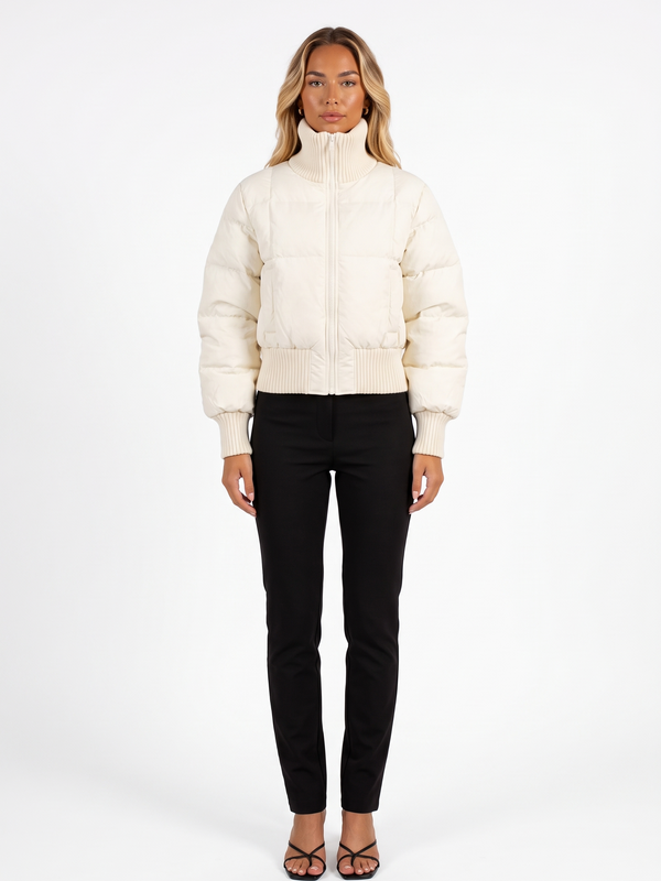 Cropped Puffer Jacket with Ribbed Funnel Collar