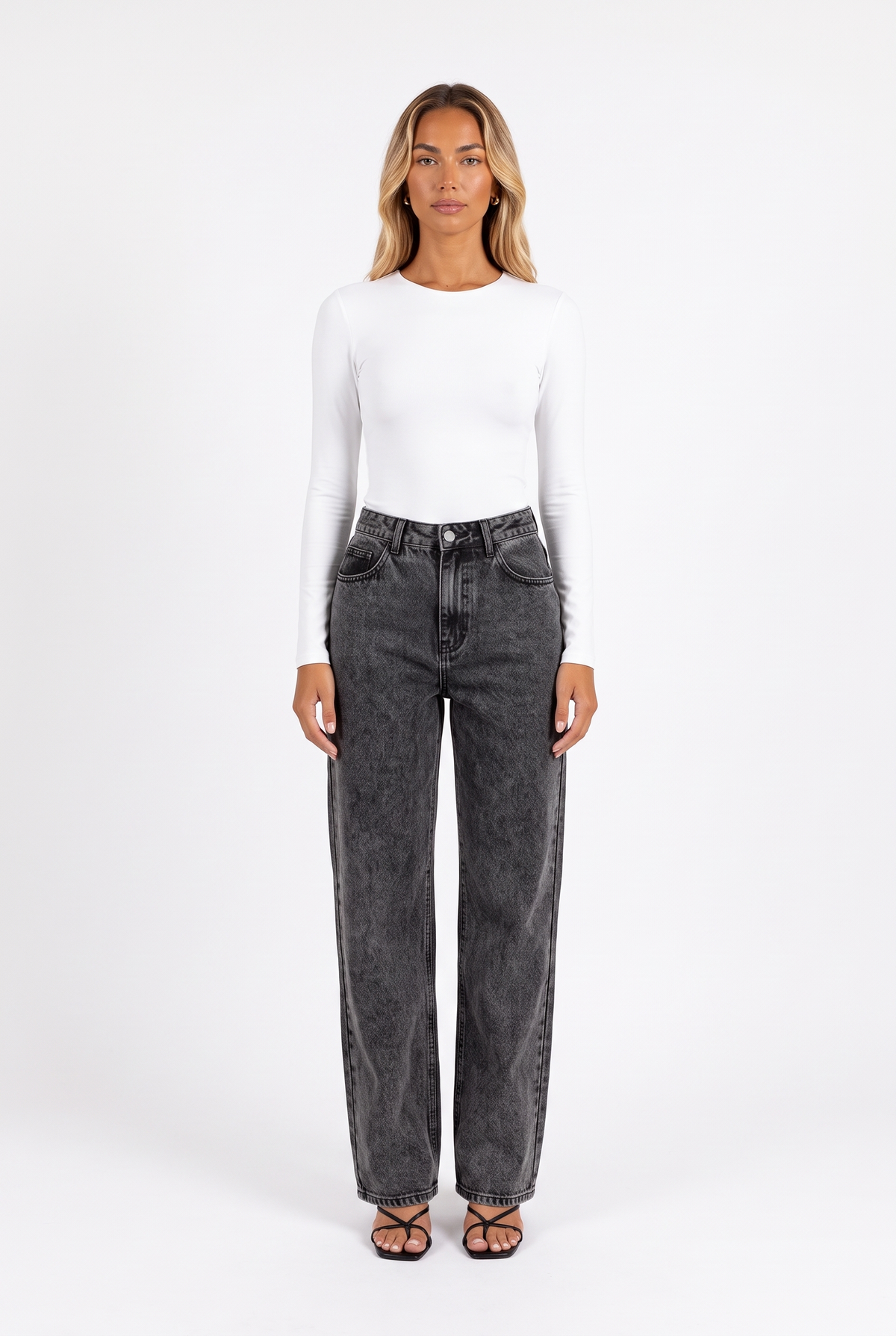 Charcoal acid-wash high-waist wide-leg jeans — front
