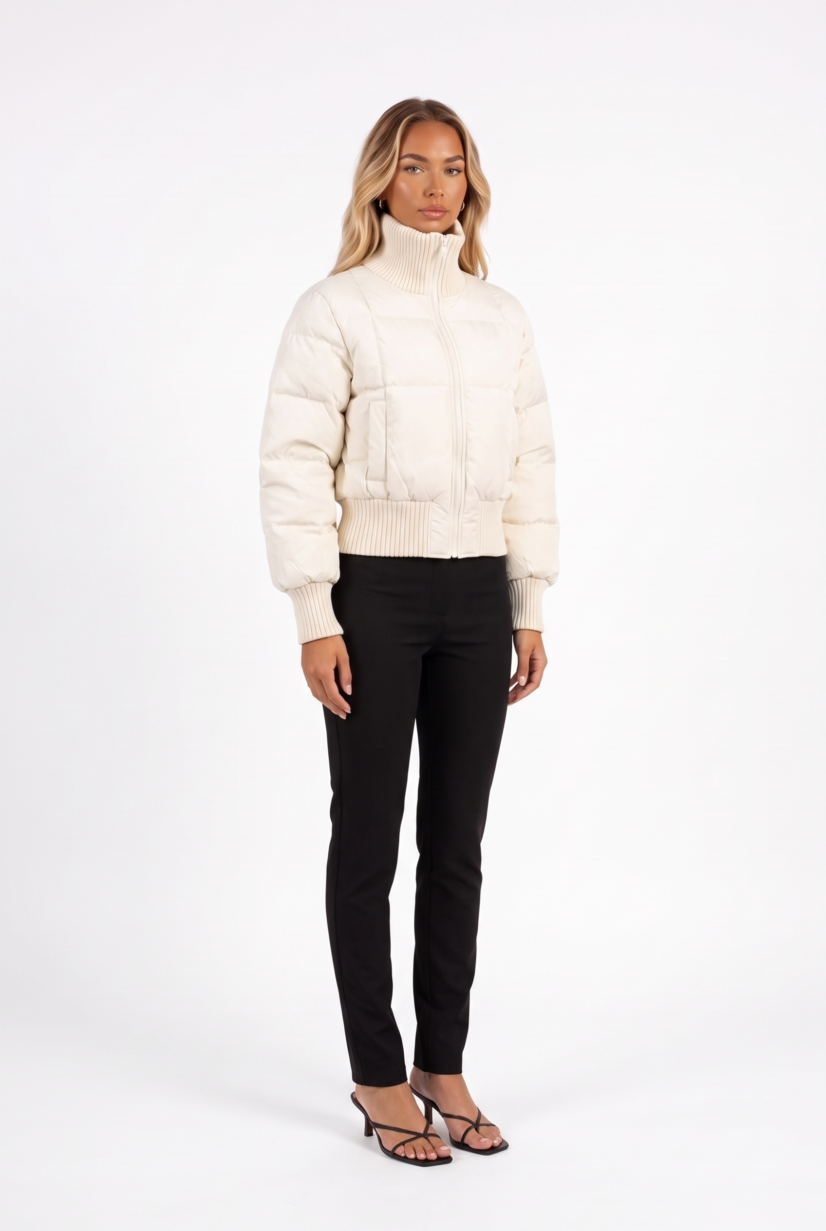 Ivory cropped puffer jacket with ribbed funnel collar — three-quarter