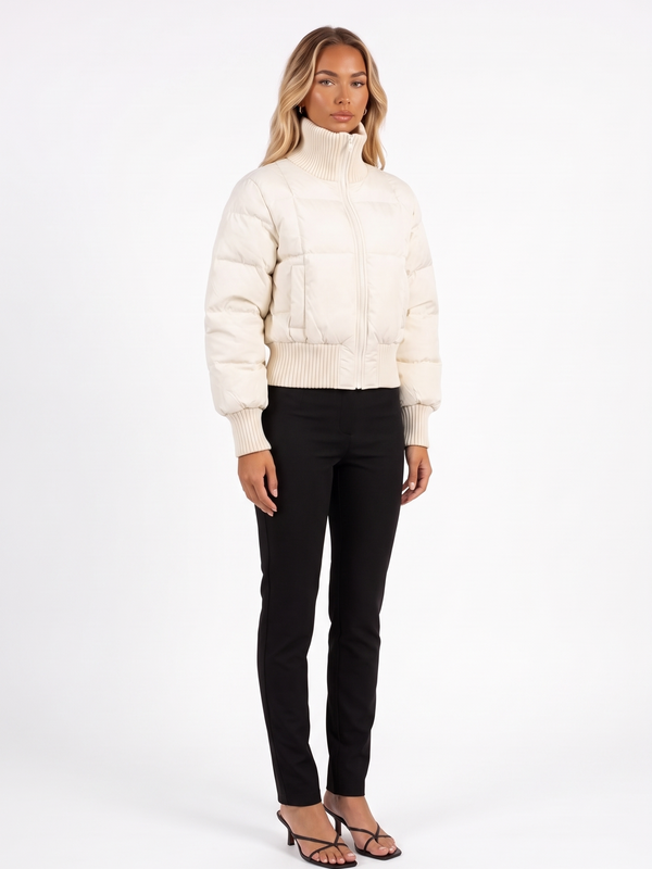 Cropped Puffer Jacket with Ribbed Funnel Collar