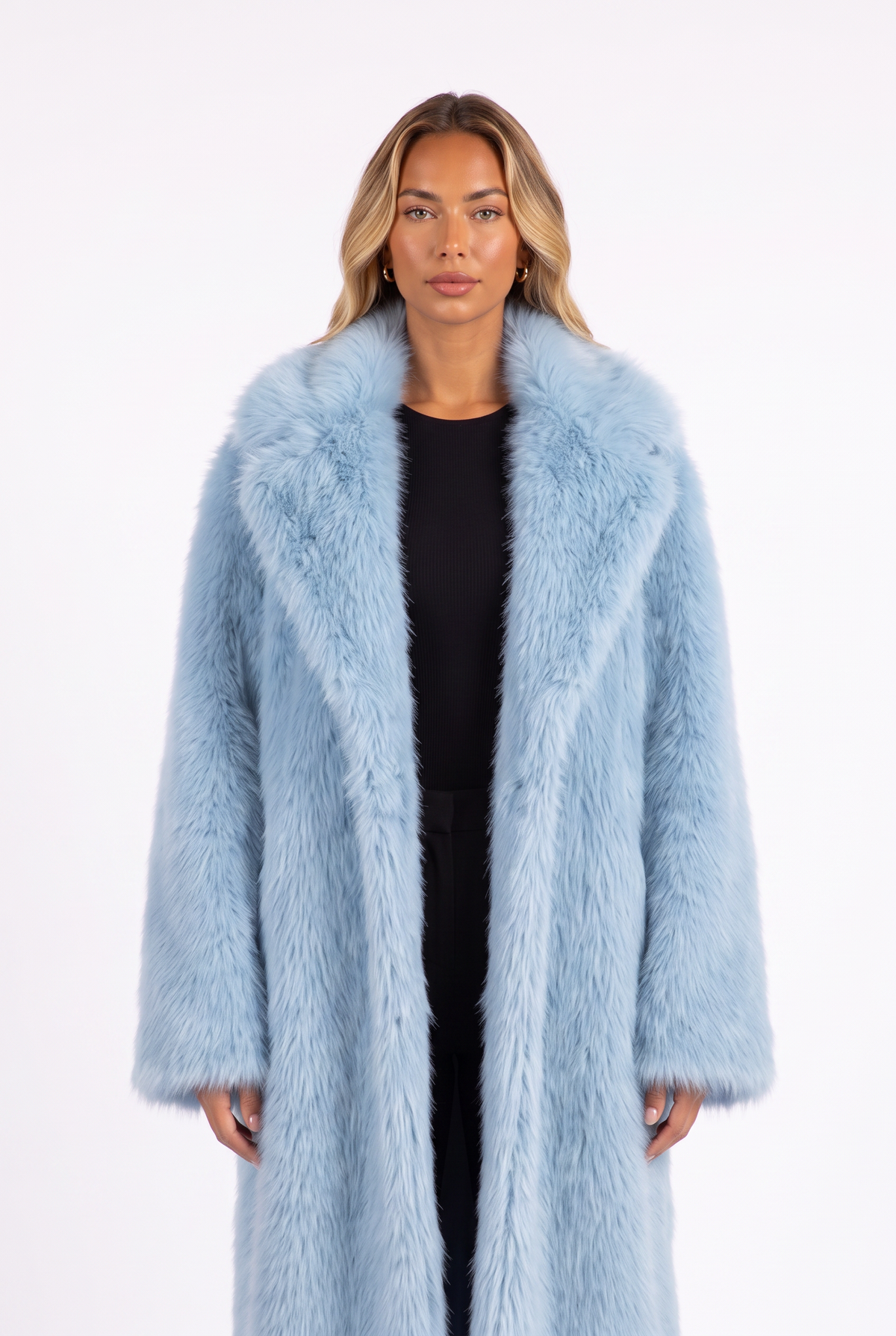 Sky blue long faux fur coat with notched lapels — lapel and fur detail