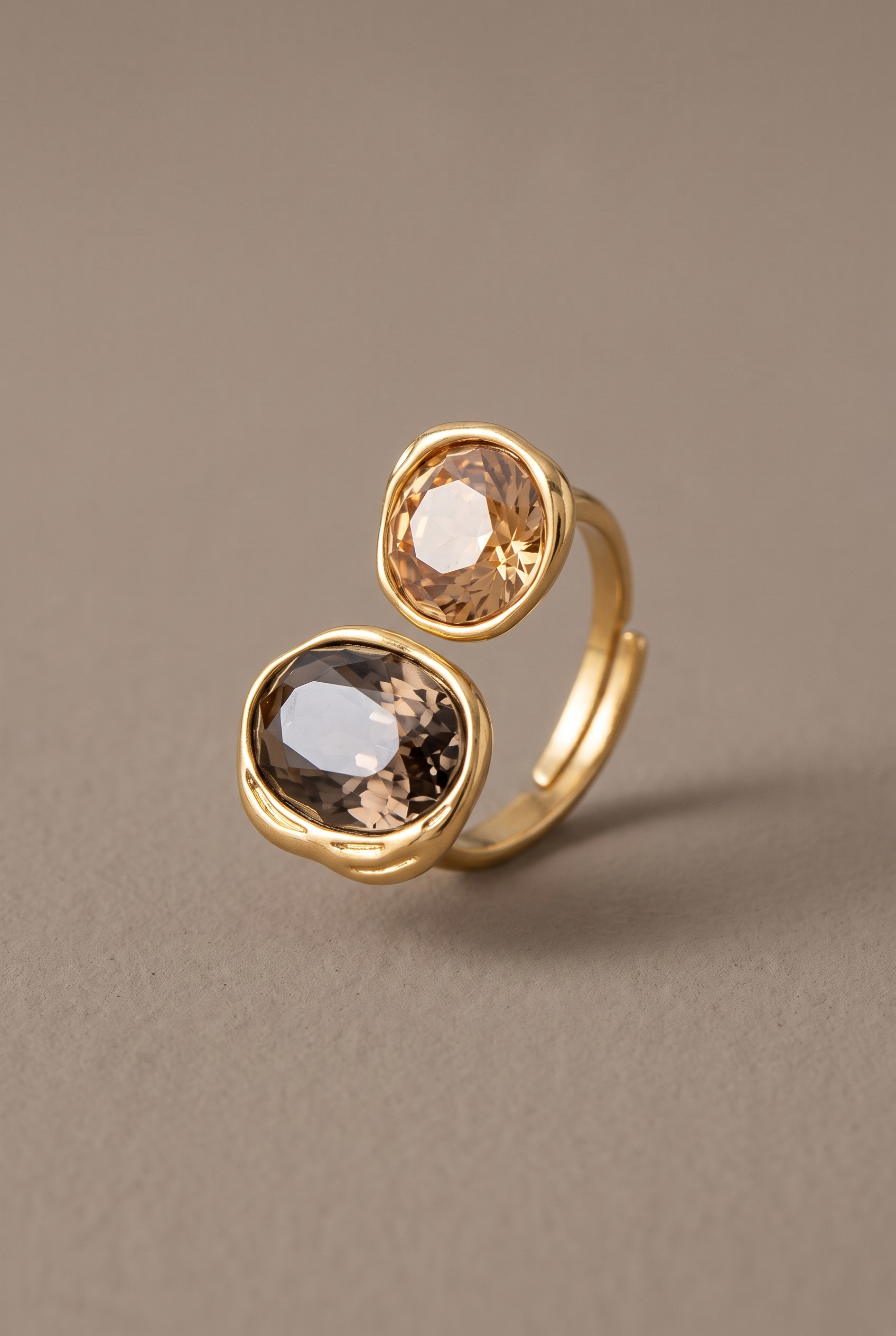 DropIQ two-stone open ring with smoky oval and champagne round crystals