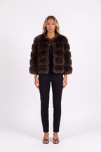 Coffee cropped faux fur jacket with three-quarter sleeves — front