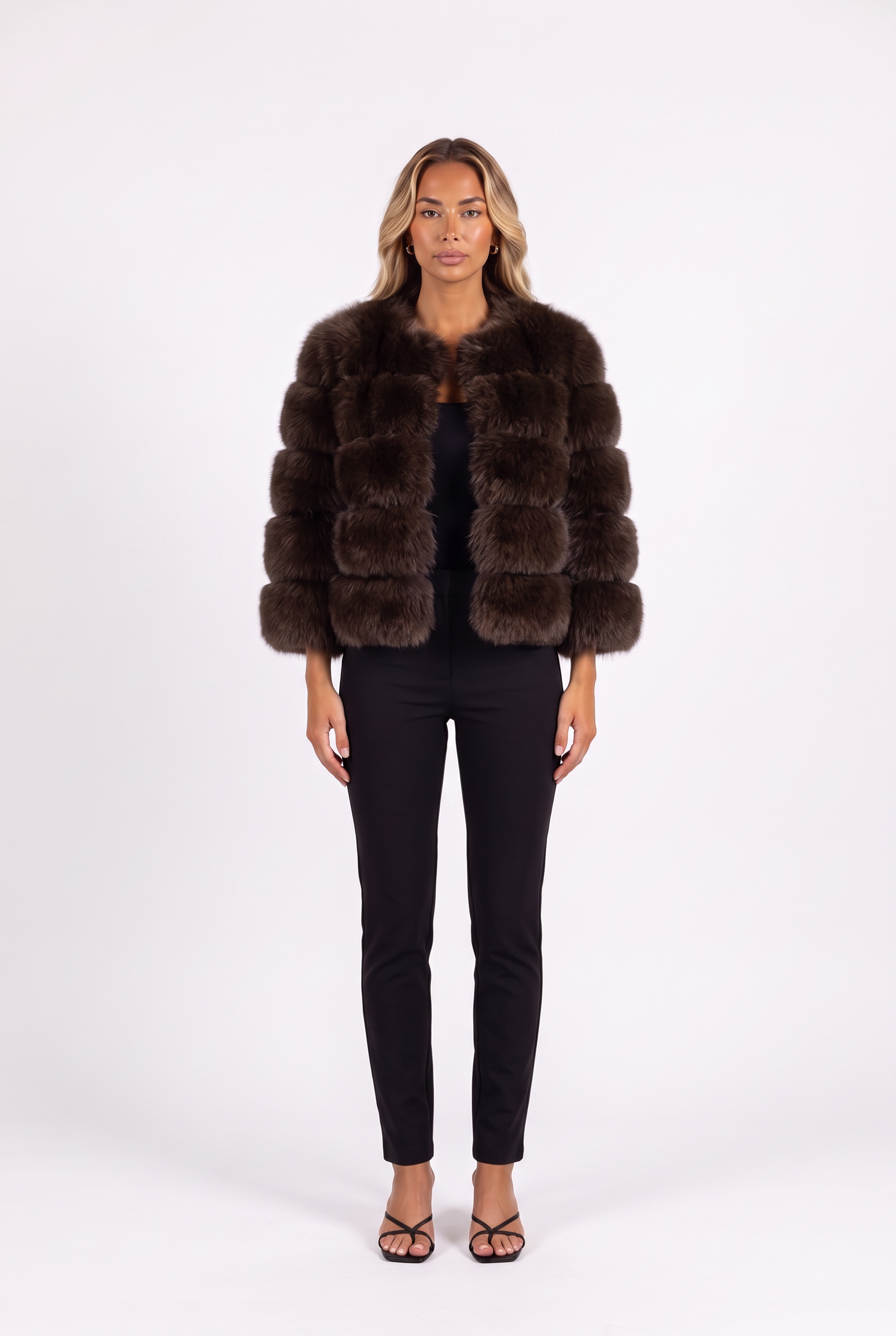 Coffee cropped faux fur jacket with three-quarter sleeves — front
