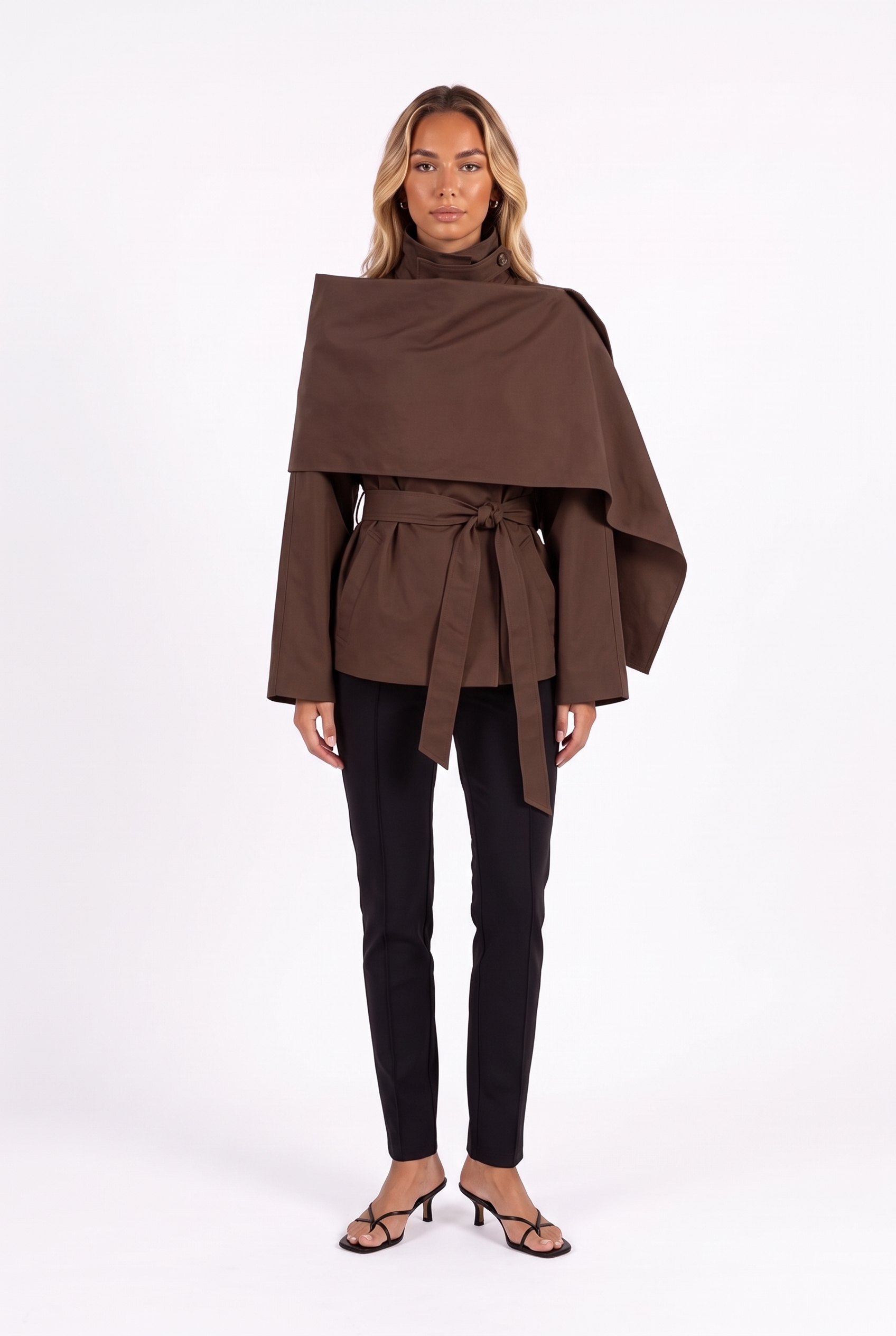 Belted asymmetric cape jacket in Brown — front