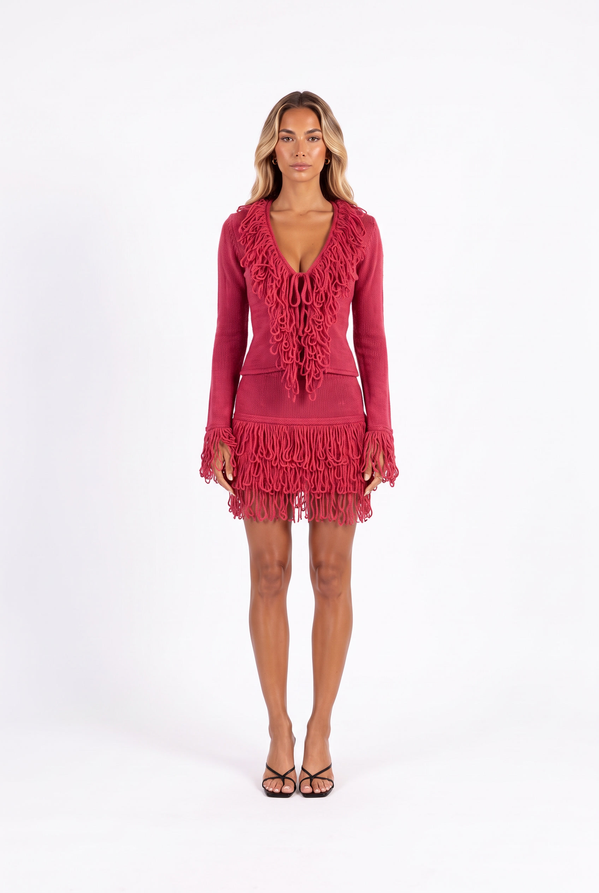 Fringe-trim knit top and mini skirt set in Rose Red — front