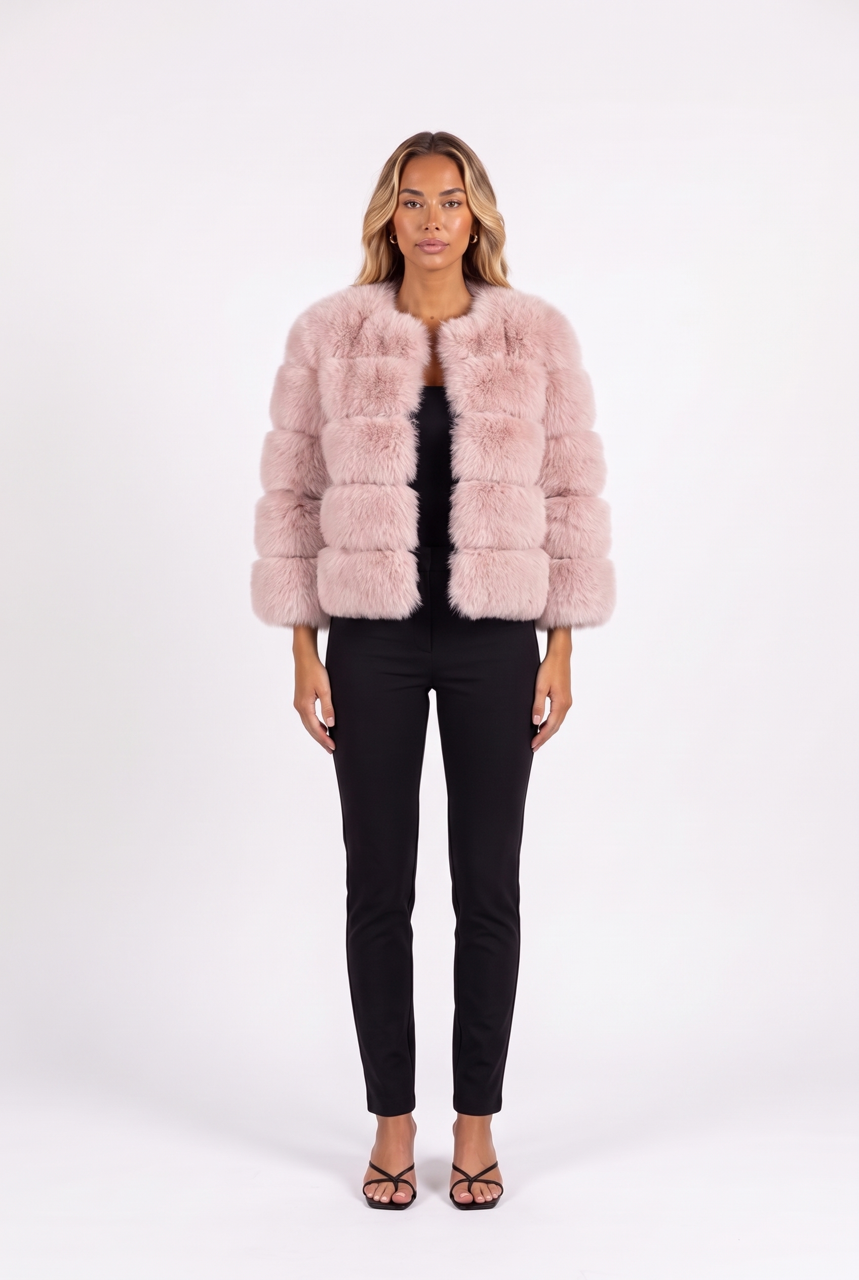 Lotus pink cropped faux fur jacket with three-quarter sleeves — front
