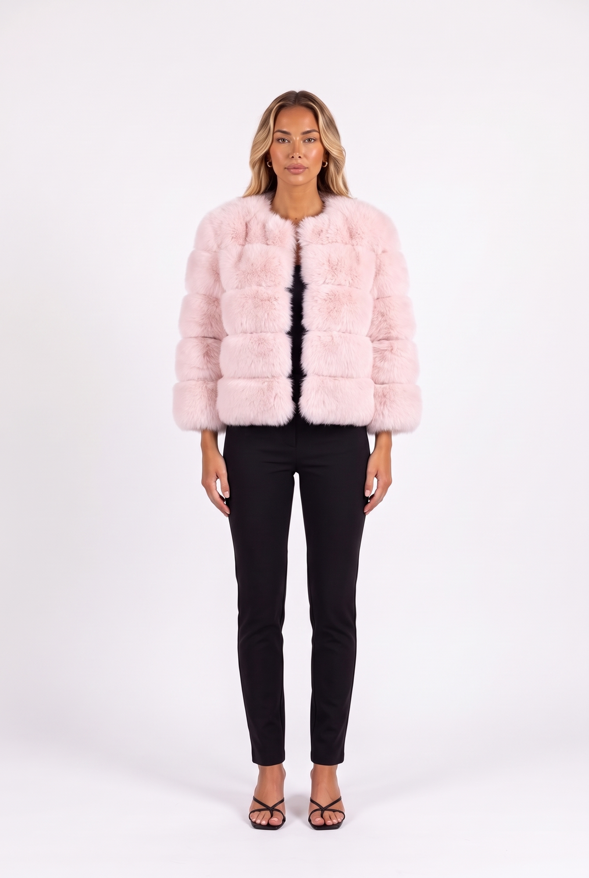 Light Pink cropped faux fur jacket with three-quarter sleeves — front