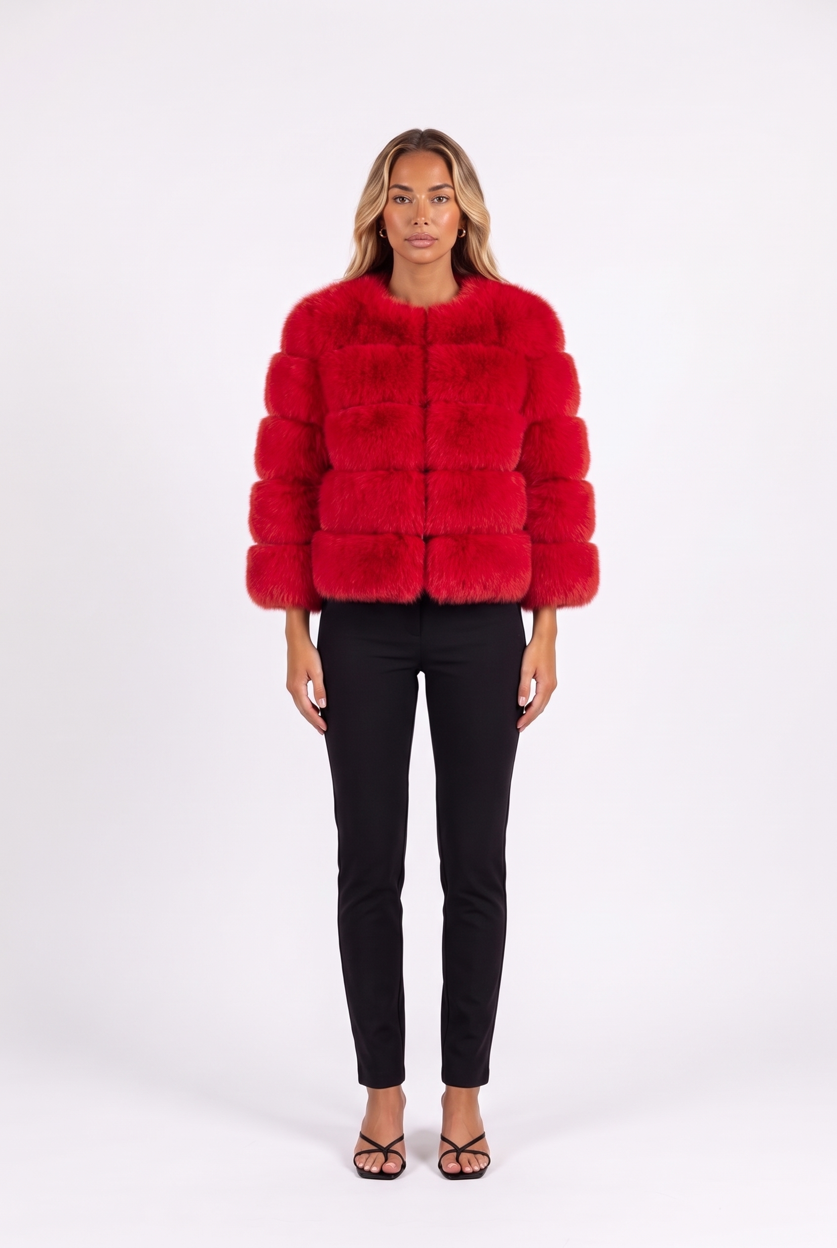 Red cropped faux fur jacket with three-quarter sleeves — front