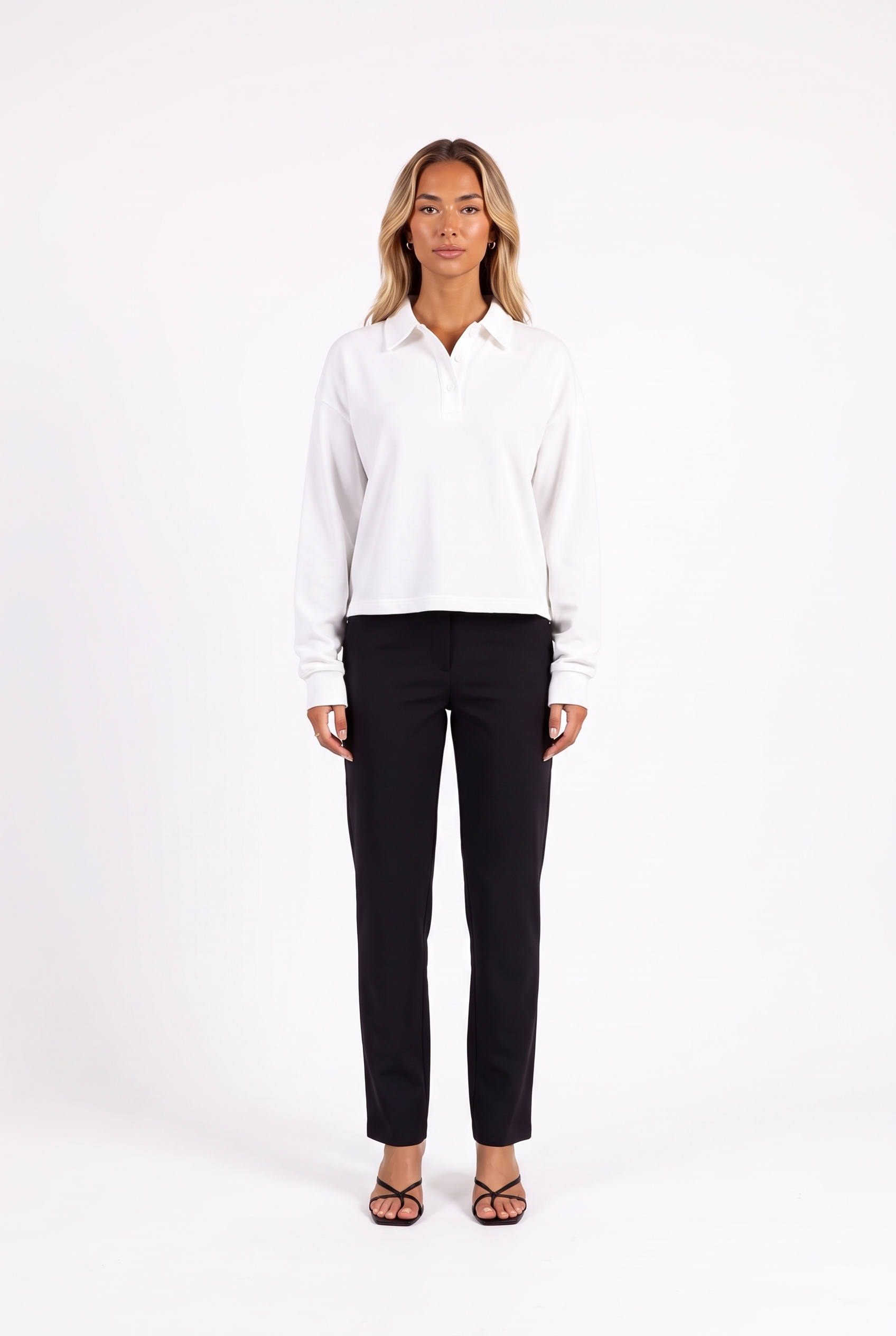 Long-sleeve cropped polo top in White — front
