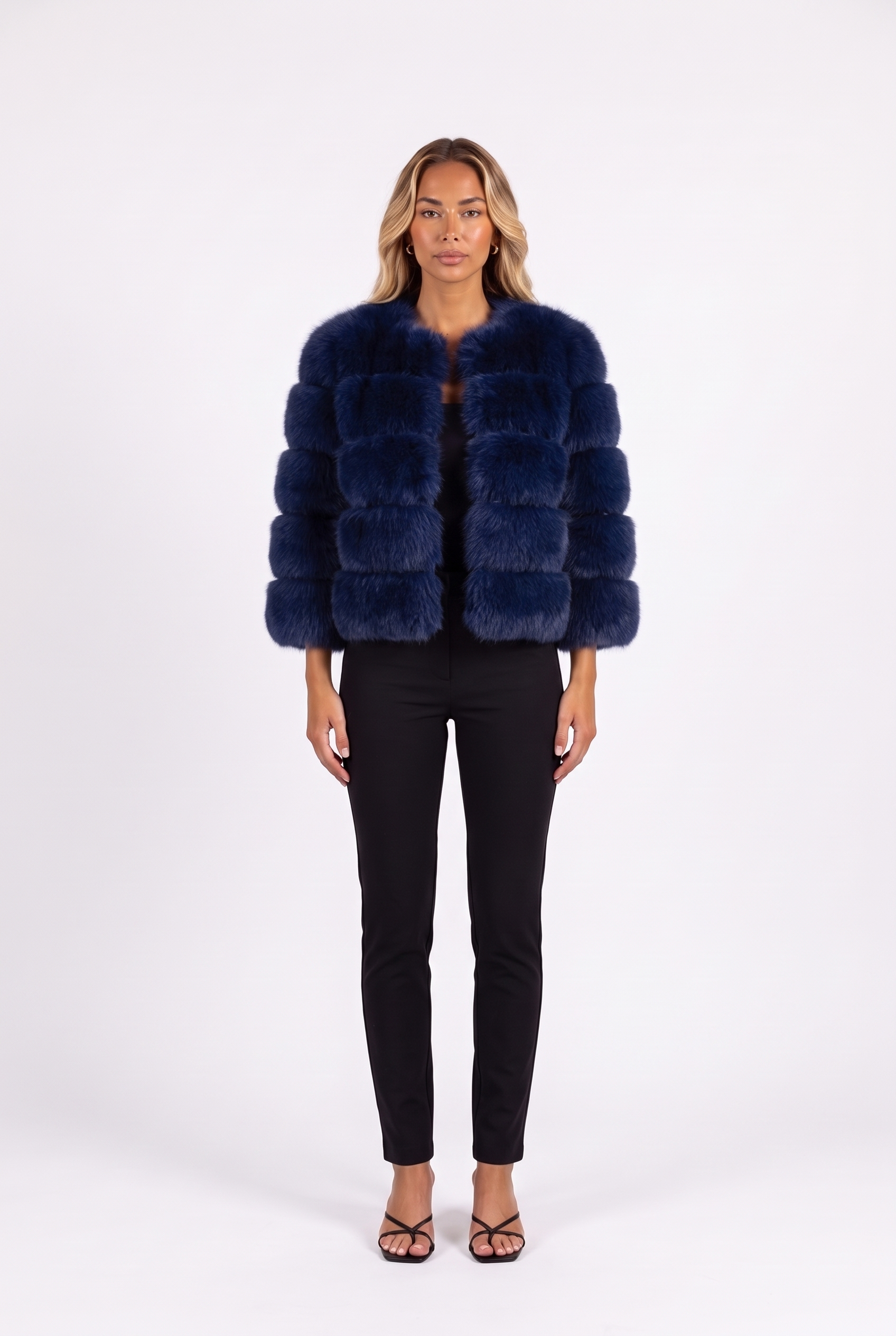 Navy Blue cropped faux fur jacket with three-quarter sleeves — front