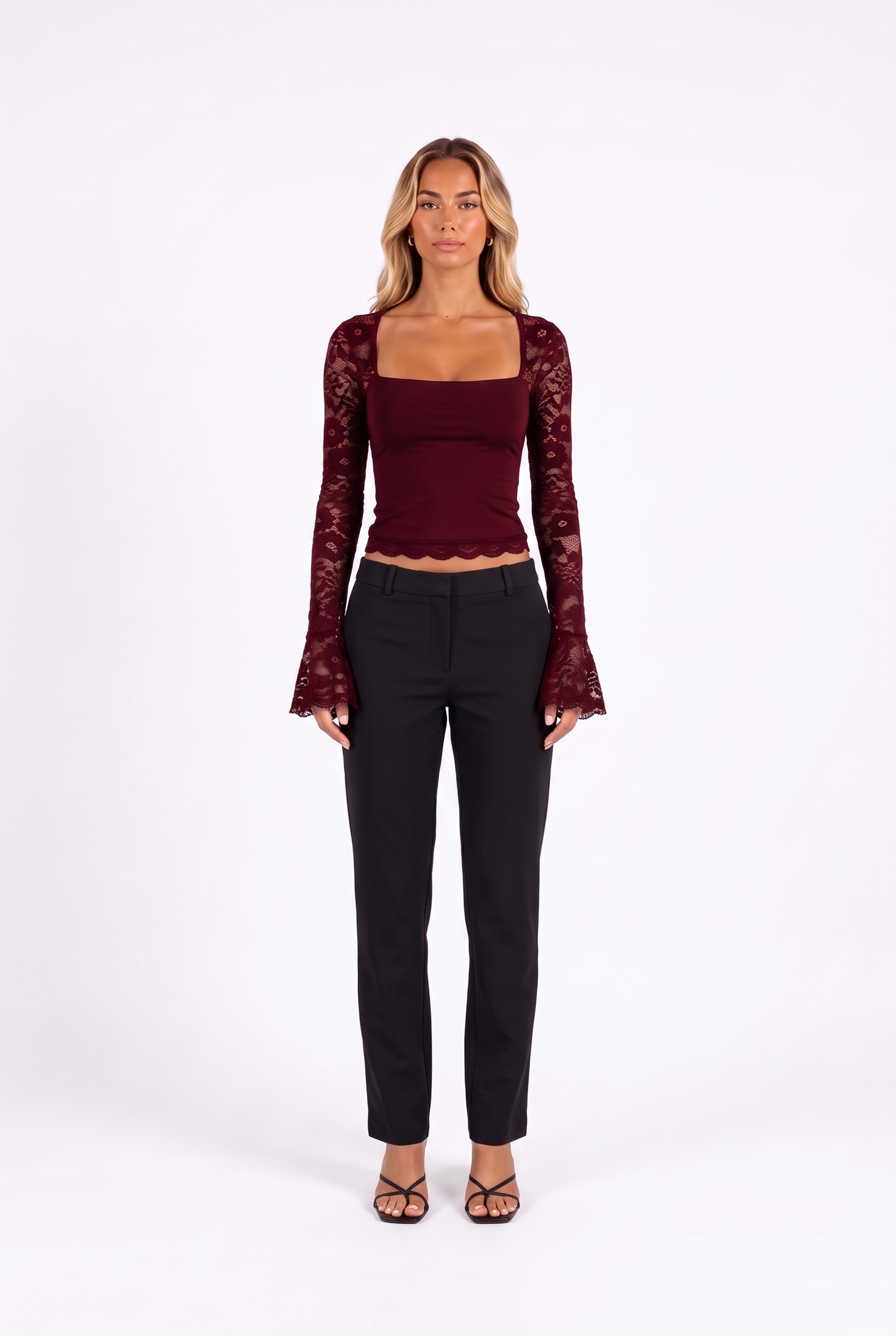 Lace-trim square-neck flare-sleeve top in Burgundy — front