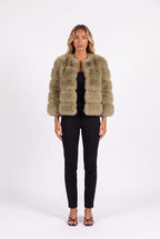 Khaki cropped faux fur jacket with three-quarter sleeves — front