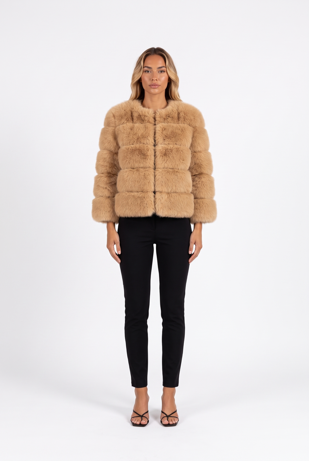 Light Camel cropped faux fur jacket with three-quarter sleeves — front