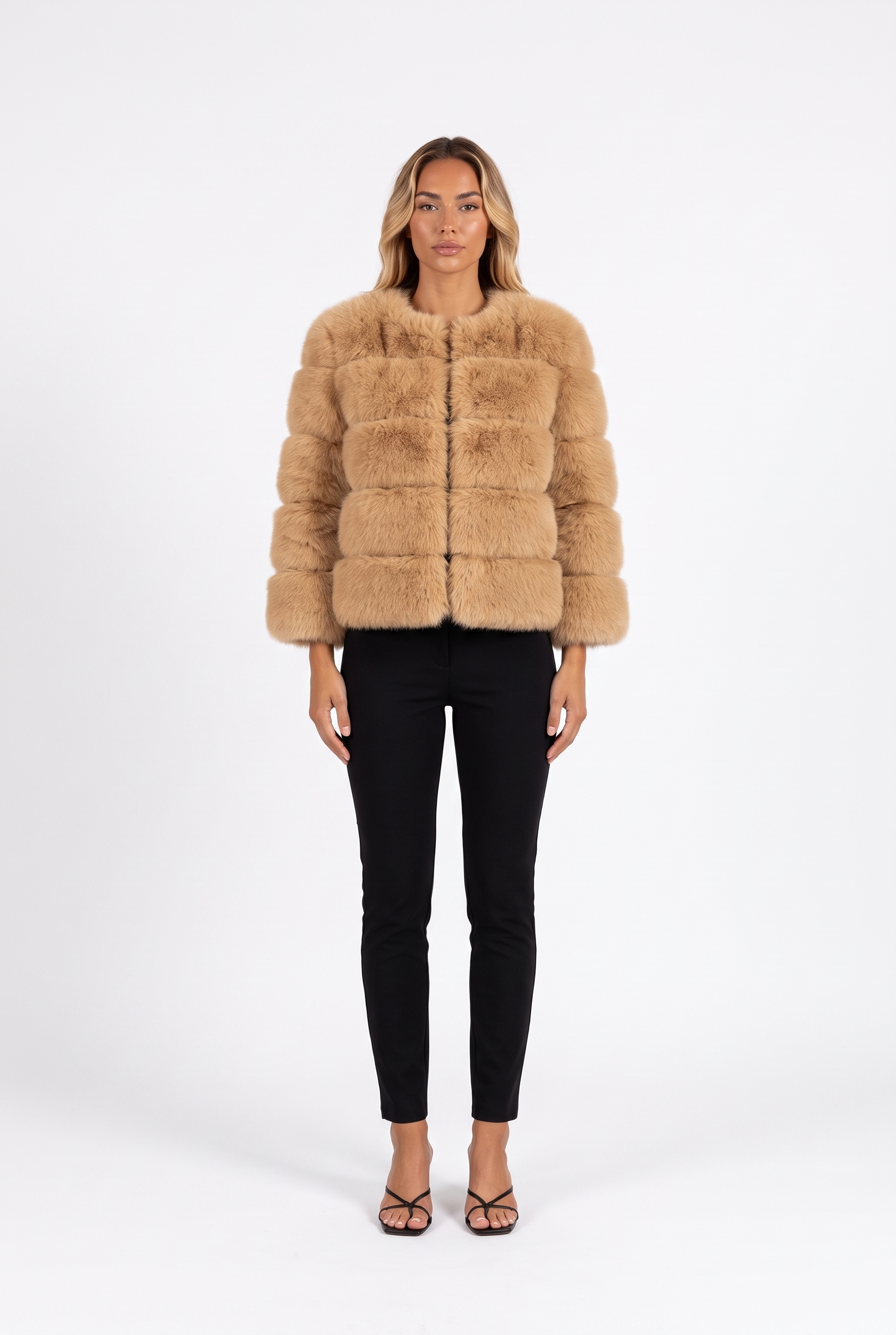 Light Camel cropped faux fur jacket with three-quarter sleeves — front