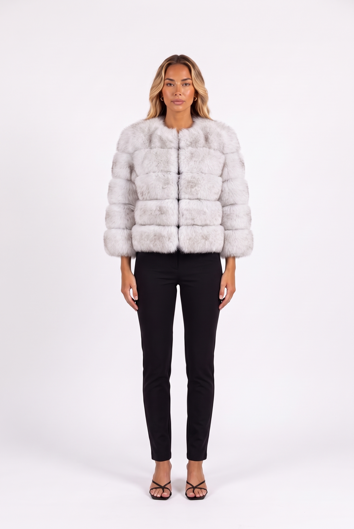 Fox colour with tip cropped faux fur jacket with three-quarter sleeves — front
